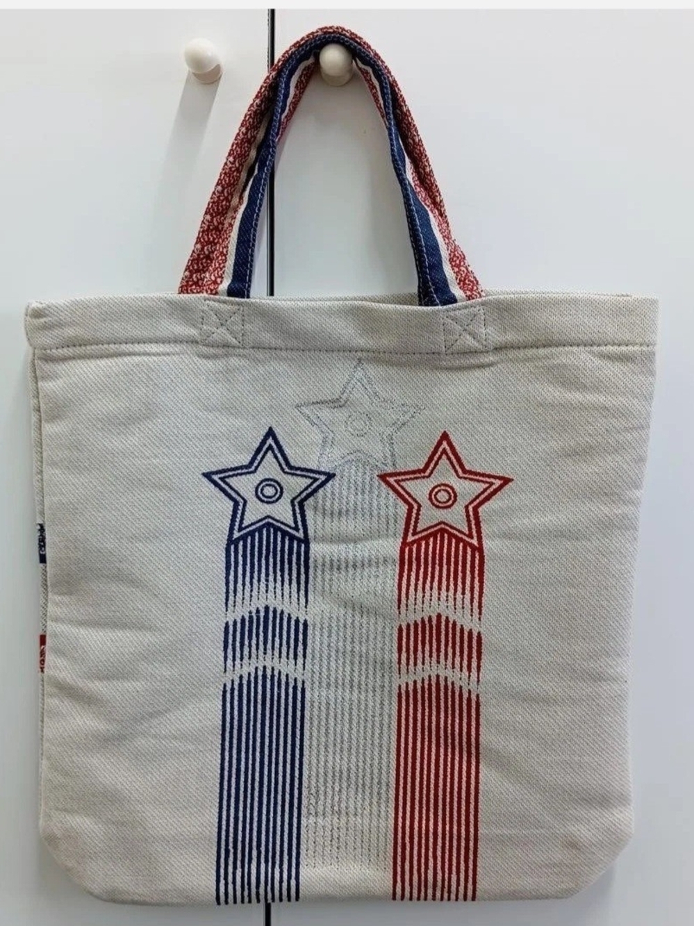 Christan Dior Canvas Tote in White with Blue & Red Stars & Stripes - Picture 2 of 6